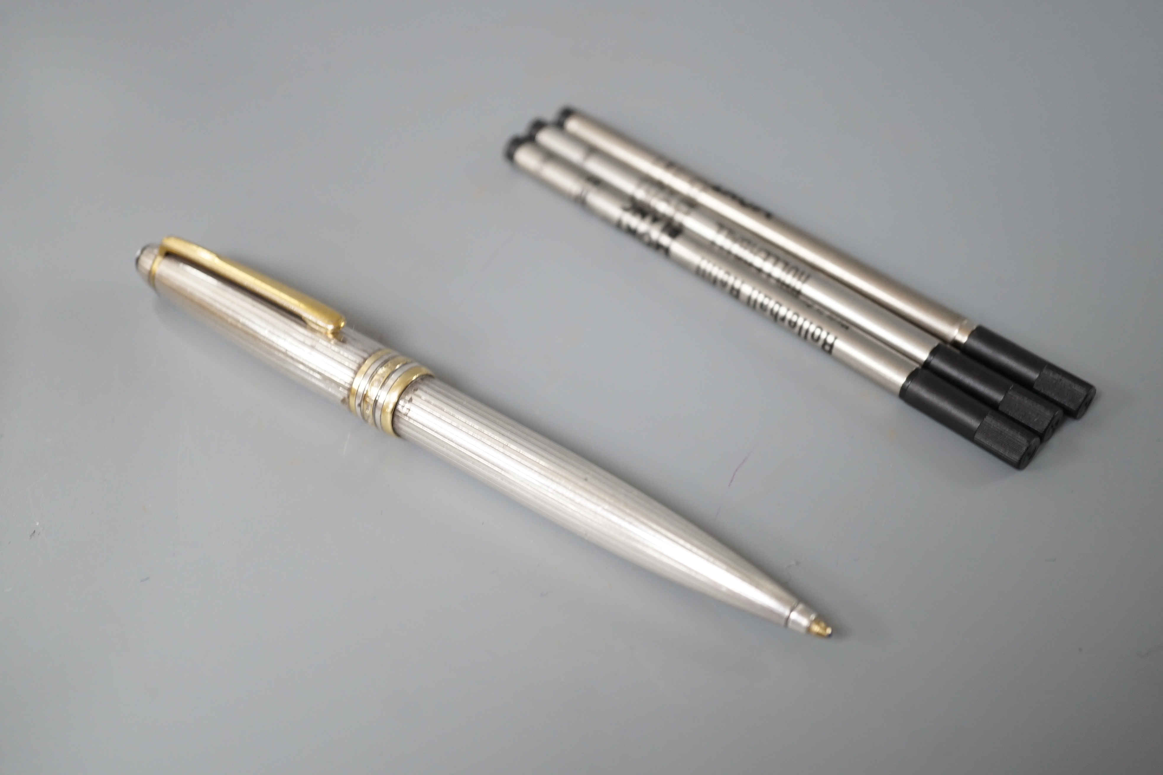 Mont Blanc Meisterstuck silver ballpoint pen with three Mont Blanc refills